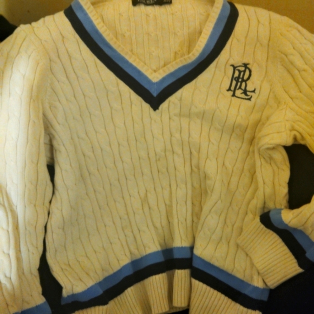Polo by Ralph Lauren V-Neck Cable Knit Sweater White and Blue